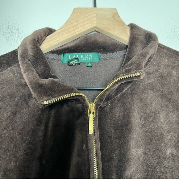 Lauren Ralph Lauren Women Velour Jacket Large Brown Full Zip Pockets y2k‎ - Picture 8 of 10